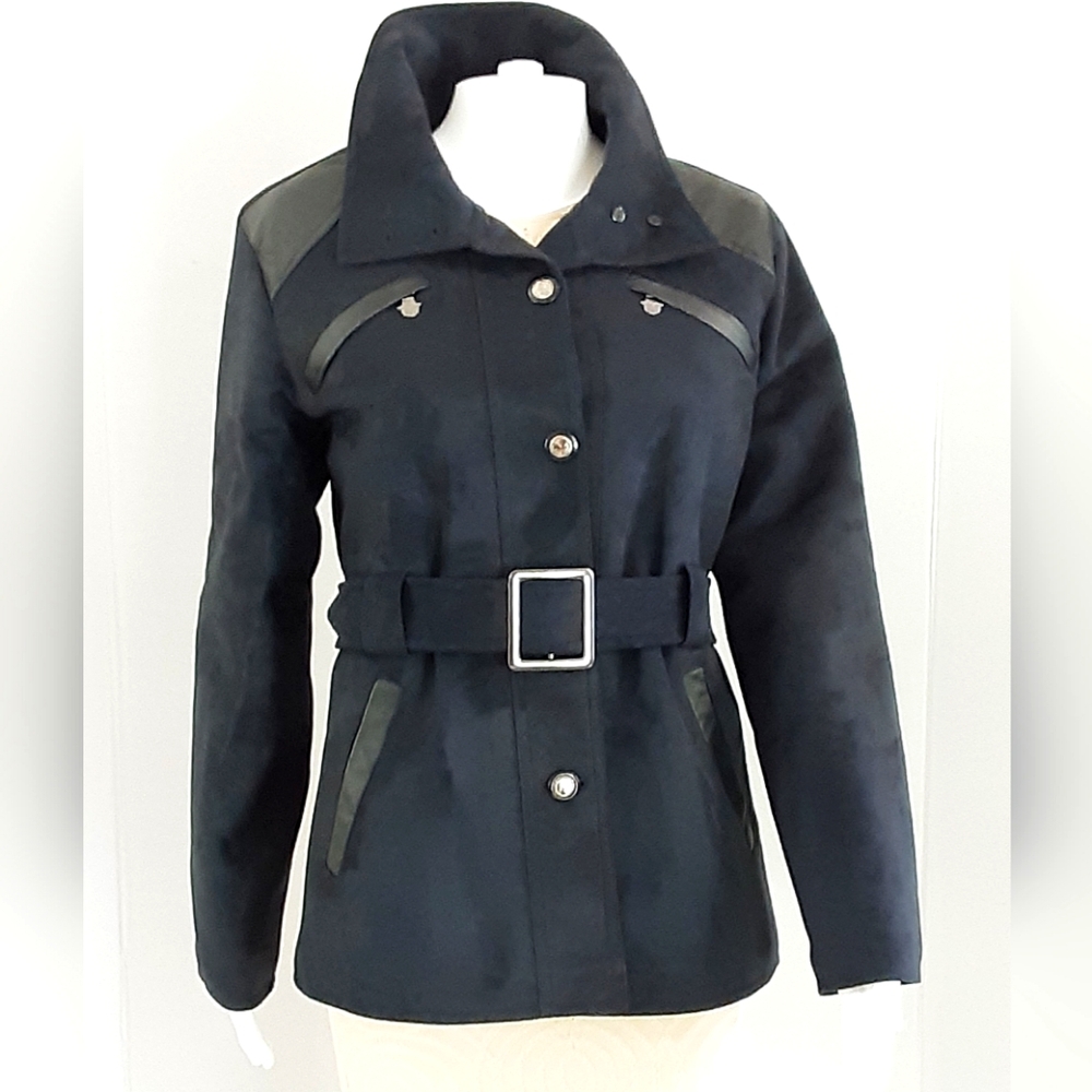 REPORTAGE RGA Italian Suede Leather Trim High Collar Belted Jacket Sz M - NWOT